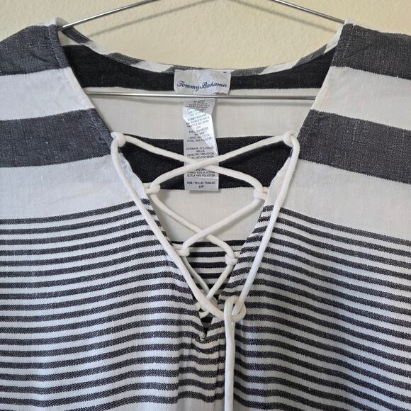 Tommy Bahama Striped Lace Up Tassel Maxi Dress Women Size L Gray White Linen - Picture 3 of 14